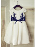 Ivory Satin Navy Blue Lace Cap Sleeve Knee Length Flower Girl Dress